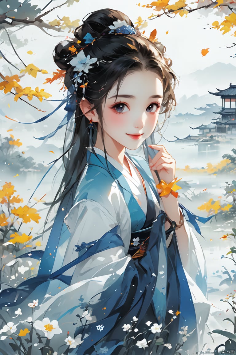 (Masterpiece), (best quality), illustrations, super detailed, HDR, depth of field, (color), loli, 1 girl, solo, maple leaf, autumn leaf, smile, leaf, holding a leaf, looking at the audience, blurry, Hanfu, bun, simple hair accessories, bracelet, Hanfu<lora:EMS-399285-EMS:1.000000>