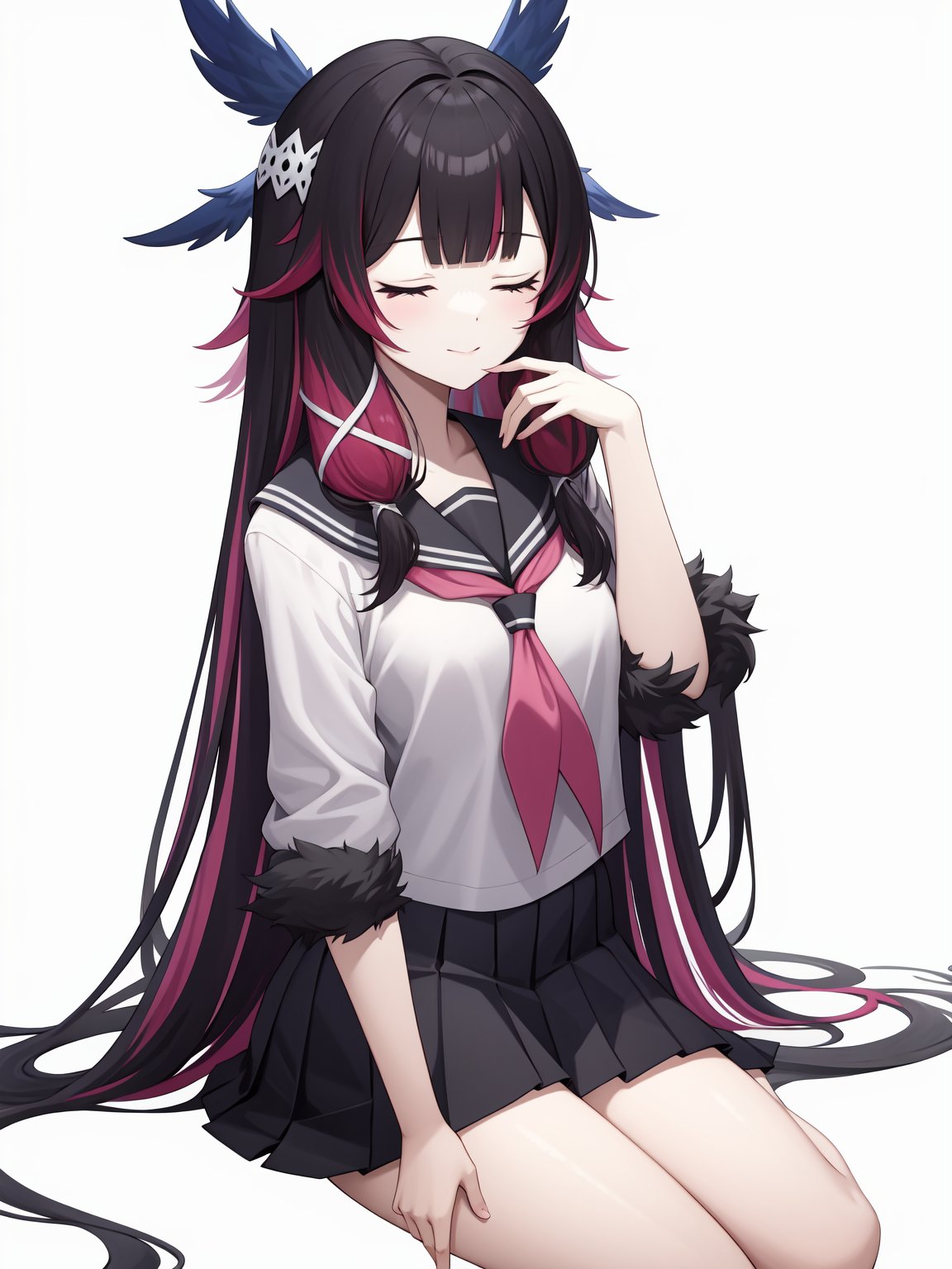 <lora:shaonv-000016:0.9>,shaonv,multicolored hair,closed eyes,fur trim,black hair,pink hair,hair ornament,two-tone hair,blunt bangs,white head wings,school_uniform,serafuku,white silk stockings,, 1girl,,  (masterpiece,best quality:1.2),absurdres