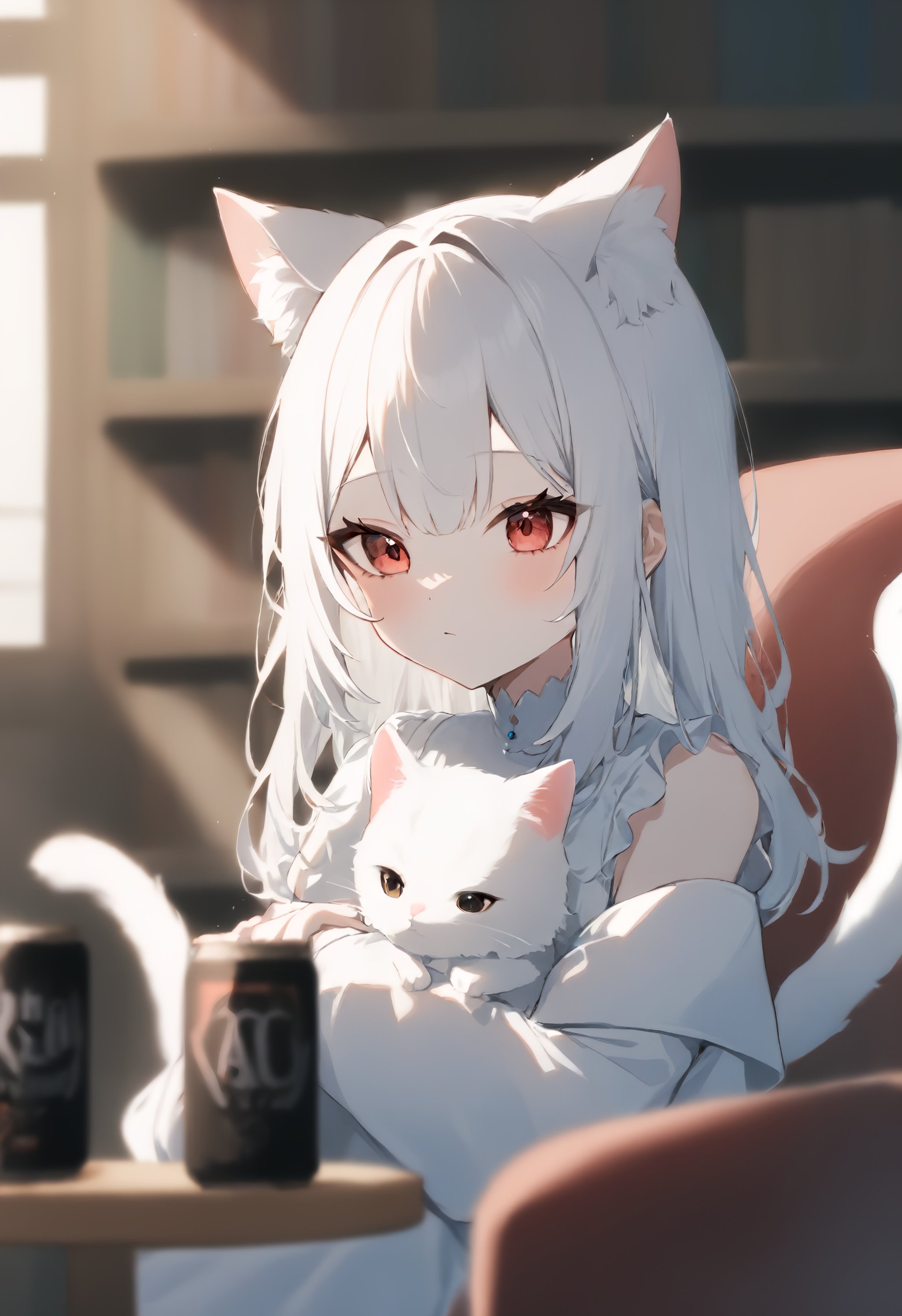 1girl, solo,a young girl with white hair and wearing a white dress sits on a couch, embracing a white cat, She has cat ears and a tail, showing her to be a feline creature like human, with a window letting in natural light and a bookshelf full of various books, Nearby, one can see a cup placed on a table, depth of field, blurry foreground, blurry background,masterpiece, best quality, absurdres, recent, newest, safe, sensitive