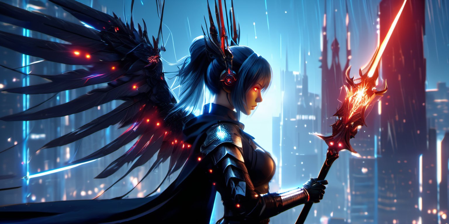 3d render, minimalism, red eyes, hair ornament, wings, hair, intricately detailed, profile, candle, white blue oragen red, cyberpunk, extra arms, Electric spark, over shoulder, holding Scepter, armor, stable diffusion, 1girl, glowing eyes, facial muscles, boots, cityscape, staff, rain, mask, ghost blade art style, cityskyline, glowing, bug, polearm, gauntlets, holding staff, scythe, science fiction, solo, single hair bun,dark anime,dark fantasy, (natural skin texture, hyperrealism, soft light, high sharpness),(hdr:1.5)<lora:EMS-349661-EMS:0.800000>, <lora:EMS-82354-EMS:0.100000>, <lora:EMS-299030-EMS:0.100000>