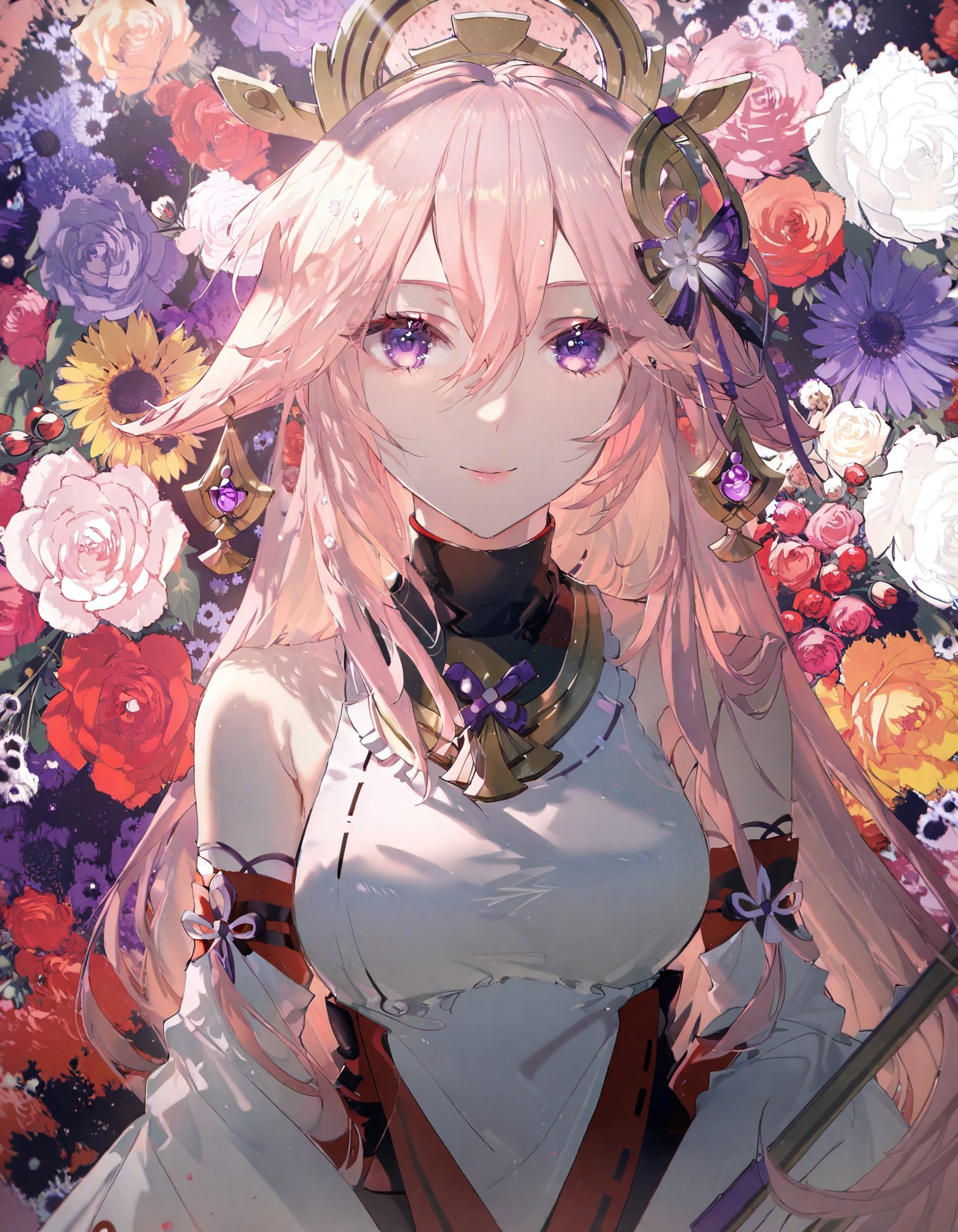 detailed, aesthetic, beautiful, beautiful color, amazing quality, best quality, 1girl, solo, looking at viewer, bangs, yae miko, purple eyes, floppy ears, pink hair, japanese clothes, bare shoulders, upper body, flower, blurry, rose, light smile, white flower, red flower, pink flower, backlighting, red rose, yellow flower, arms at sides, sunflower, floral background, white rose, pink rose, orange flower, <lora:Rella:1>
