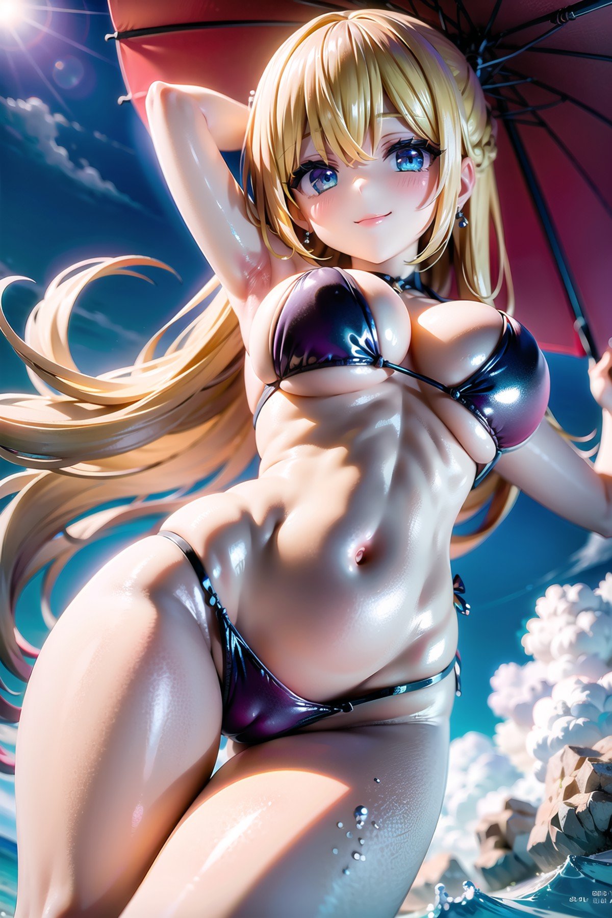 bikini beach sand cloud sky solar Early twenties,(long straight hair),blue eyes,blonde hair, large breasts, (from below:1.2)smile,closed mouth,sense of depth,4k,absurdres,(from above),dynamic angle,best quality,masterpiece,Detailed illustration,