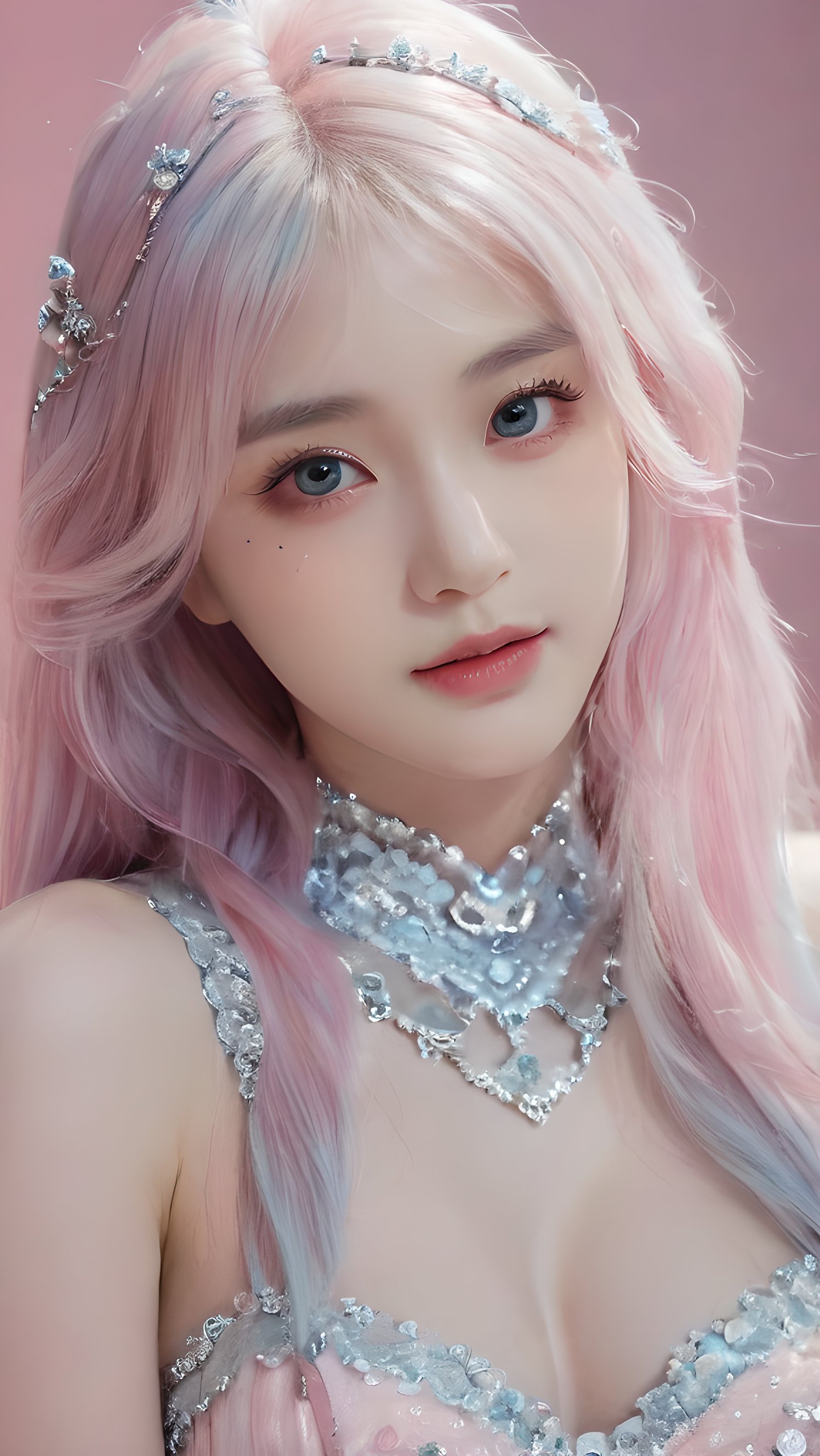 yanshangyue, 1girl, solo, xiaowu, BIG EYES, xxmix girl woman, <(masterpiece, realistic:1.3), (extremely intricate:1.2)>, portrait of a girl, sliver gradient hair, (sliver hair:1.1), (light blue hair:1.1), (pink hair:1.2), ((solid color background:1.3)), beautiful detailed glow, (detailed ice), beautiful detailed water,  <lora:molixl3:0.6>