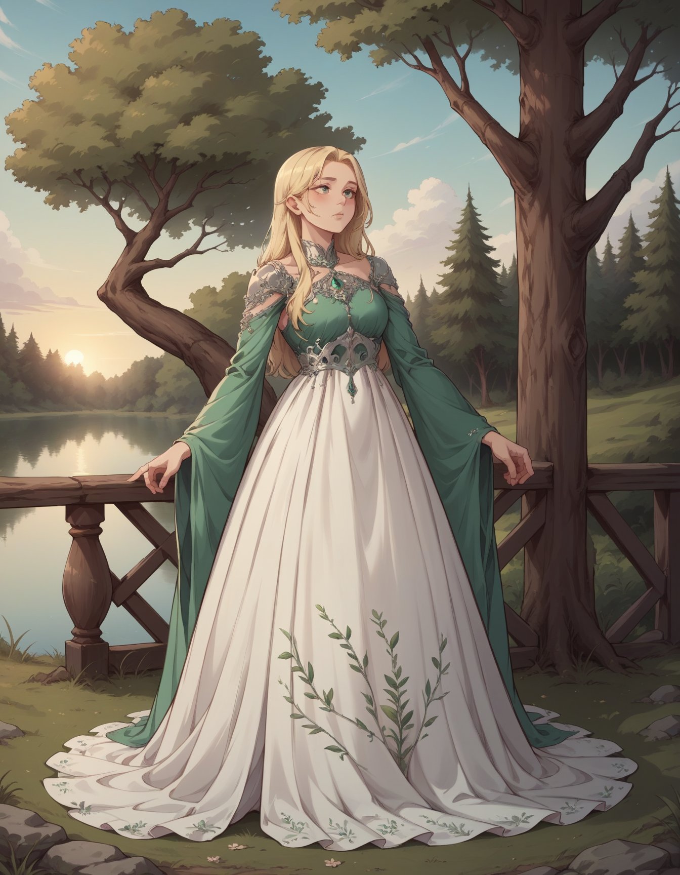 score_9, score_8_up, score_7_up, score_6_up, source_anime, romantic style (full body photo:1.3), adult woman, standing, HUD_spr_armr, hair decoration, long green (chiffon dress), long sleeves, jewelry, intricate engraved metal neckpiece, shoulder piece, jeweled belt, breastplate, long sleeves, <lora:nature_princess_xlp-000008:0.7>, (long blonde hair:1.1), 4k, sunset in the distance, setting with trees and a lake