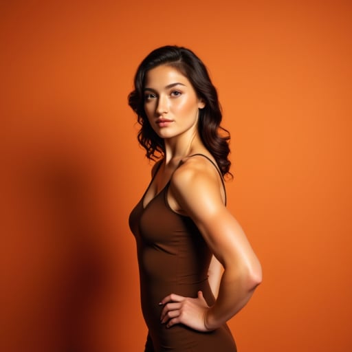 Against the plain, terracotta backdrop of an Art Deco design, a charismatic individual poses waist-up, their dark brown hair styled with subtle texture and eyes locking onto the camera lens with unbridled confidence. The soft, warm glow illuminates them highlighting delicate features and accentuating their figure.