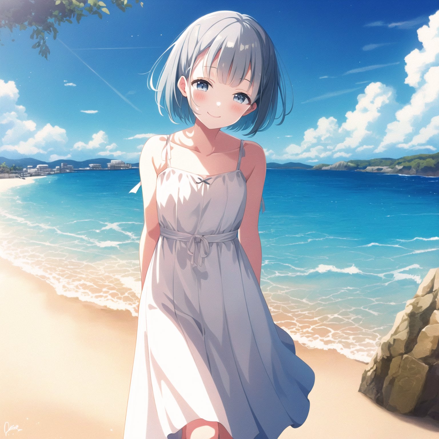 (masterpiece, best quality), 1girl, solo, ipkana, white_dress, <lora:kana-000016:0.75>, grey_eyes, wind, (arms_behind_back), smile, blush, barefoot, walking, beach, sunrise, dawn