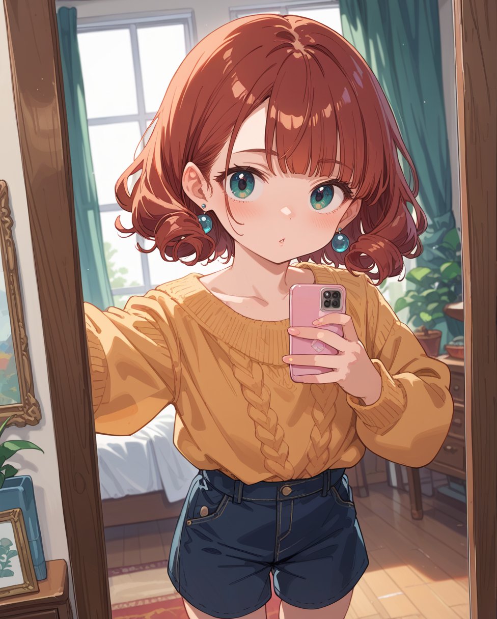 score_9, score_8_up, score_7_up, source anime,  positive: score_9, score_8_up, source_anime,(shiny skin),[modern, baroque oil painting, Cable-knit sweater, leggings, Duchess, Average Height, Slim, Triangular Face, Tan Skin, Auburn Hair, coral Eyes, Wide Nose, Pouty Lips, Receding Chin, Shoulder-Length Hair, Curly Hair, Blunt Cut Bangs, full breasts, Threader earrings, terracotta cream lipstick, Showcasing outfit with a mirror selfie]