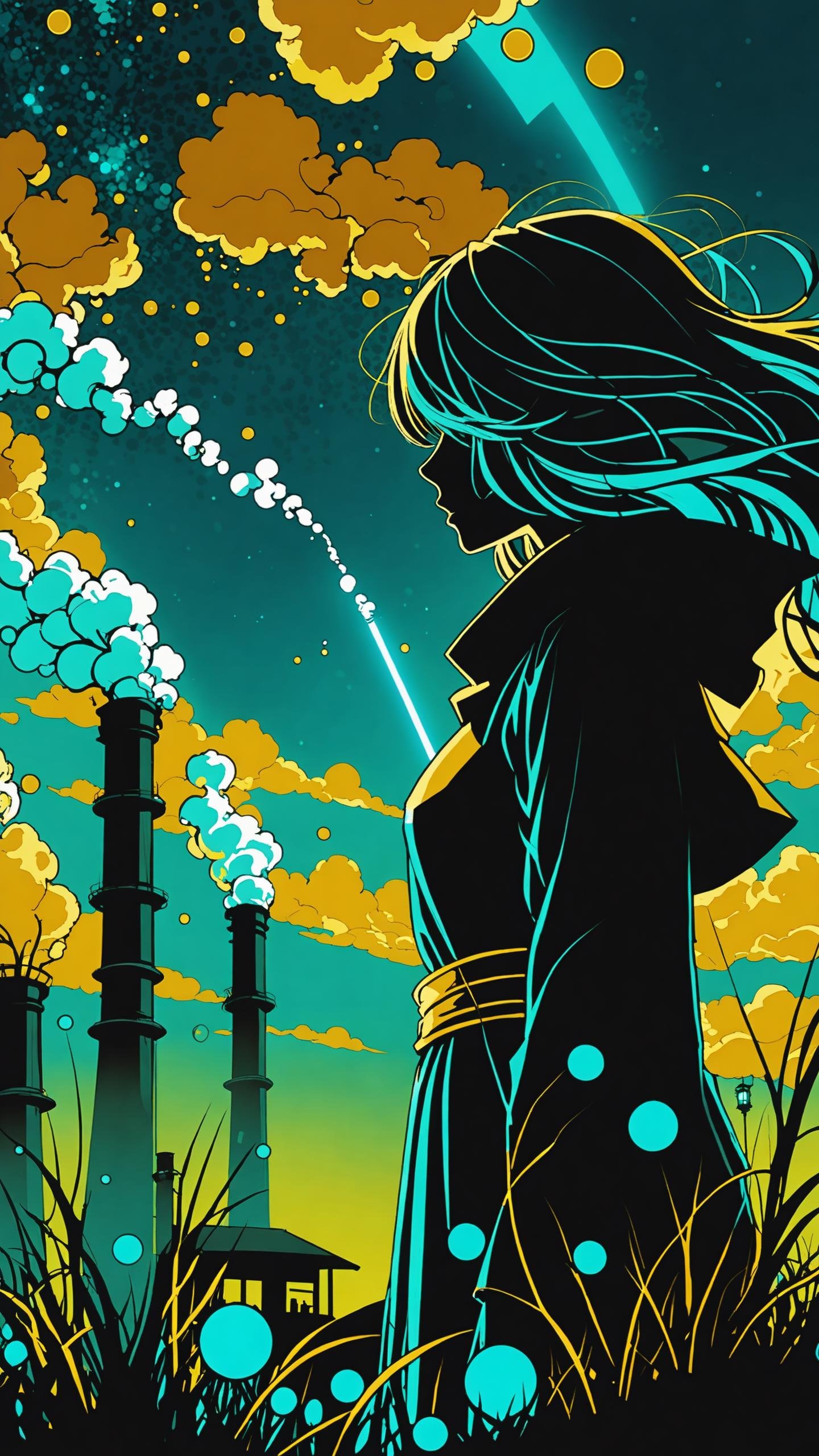 1girl, (from side), (silhouette:1.2), profile, big hair, masterpiece, best quality, light particle, depth of field, field, scenery, fantasy, indigo light, (far away:1.1), cute girl, midriff, tribal sash, pastel colors, chromatic aberration, glow in the dark dark, cloudy sky, space, orange aura, aura, cinematic, dark atmosphere, night , dark hole, glowing eyes, teal light, illumination, light rays, eye in the sky, (grass:0.9), falling petals, oniric portrait of a tall cloaked figure with a white mask, Azem the Traveler, yearning to explore the ends of the world to discover its wonders and help its denizens, by Andy Kehoe, a gradient masterpiece, blue cyan yellow, Rococopunk, luminism, seamless, China ink, Ink Bubbles, Gold leaf lines, alcohol ink elements, curved lines, cinematic, realism, chiaroscuro, Shadow play, Gold leaf small lines, bright splashes of alcohol ink puddles, volumetric light, auras, rays of sunlight, bright colors reflect, isometric, digital art, smog, pollution, toxic waste, chimneys and railroads, 3d render, octane render, volumetrics, by greg rutkowski, anime style