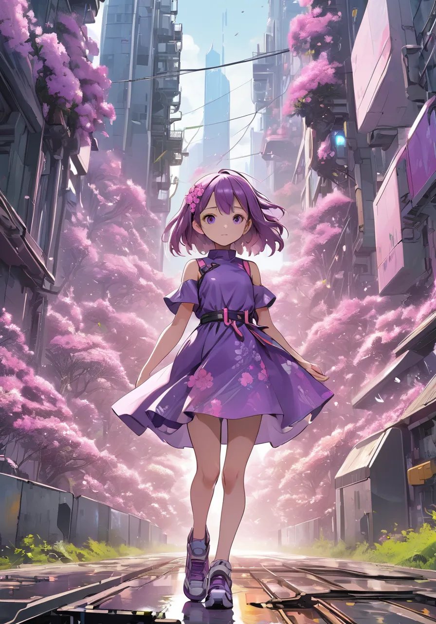 highres,best quality,natural, a girl wears a purple dress with pink flowers., in the style of sci-fi anime, cityscape, mecha anime, lit kid, rainbowcore, rusty debris, intersecting lines