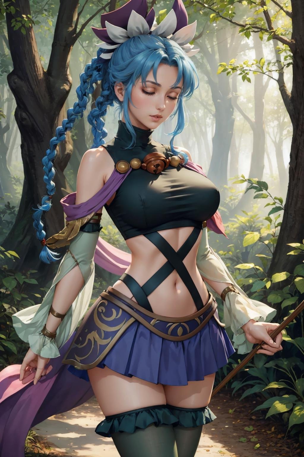 masterpiece, best quality,  <lora:mishera-nvwls-v1-000009:1> mishera, closed eyes, braid, hair ornament, hair ribbon, crop top, purple skirt, detached sleeves, green thighhighs, large breasts, holding staff, serious, forest, looking at viewer