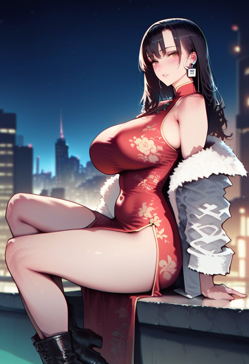 score_9, score_8_up, score_7_up, score_6_up, source_anime, <lora:WAW 0.2v:0.85>, WAW, curvy, curves, curvy body,1girl, solo, dress, night, red dress, looking at viewer, jacket, black hair, boots, sitting, china dress, white jacket, chinese clothes, black footwear, earphones, outdoors, city, sleeveless, bangs, open jacket, from side, building, blush, floral print, off shoulder, long hair, sleeveless dress, long sleeves, looking to the side, bare shoulders, open clothes, breasts, city lights, reflection, parted lips, blurry, cityscape, brown eyes, print dress, bare legs, large breasts, side slit