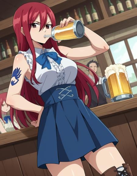 score_9, score_8_up, score_7_up, source_anime,erzascarlet, <lora:erza-scarlet-ponyxl-lora-nochekaiser:1>erza scarlet, long hair, red hair, hair between eyes, brown eyes,skirt, shirt, bow, boots, sleeveless, sleeveless shirt, tattoo, white shirt, frills,indoors, bar, beer, mug, drinking, looking at viewer, dutch angle, cowboy shot