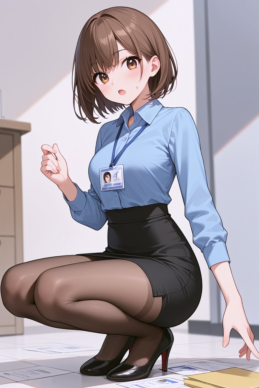 score_9, score_8_up, score_7_up, source_anime, rating_safe, 1girl, solo, looking at viewer, blush, short hair, open mouth, bangs, skirt, brown hair, shirt, long sleeves, white background, holding, brown eyes, full body, pantyhose, black skirt, black footwear, sweatdrop, high heels, squatting, blue shirt, surprised, pencil skirt, high-waist skirt, paper, office lady, id card, see-through legwear