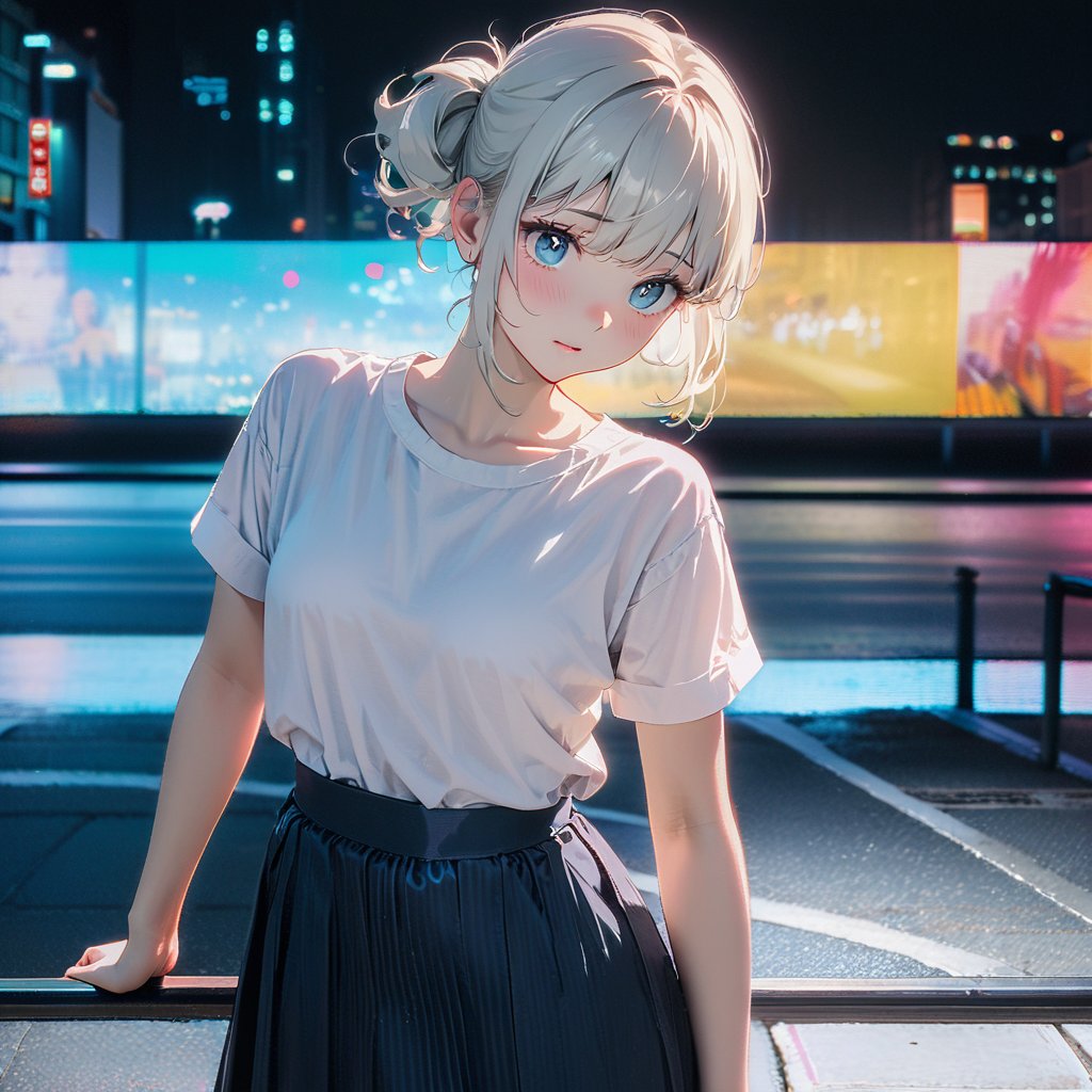 (8K, Original Photo, Masterpiece: 1.3), (Actual, photo-Actual: 1.37), (Night), (Watching Audience: 1.331), (White Hair), Posing, Tokyo Street, Night cityscape, Cyberpunk City, Soft Light, 1 Girl, Extremely Beautiful Face, Broken, Put Down, Random hair Style, Random Expression, Big Eyes, lower abdomen, (short sleeve. jiekang_shirt), jiekang_style, (dark blue jiekang_skirt), (bow jiekang_tie), mixed 4., best quality