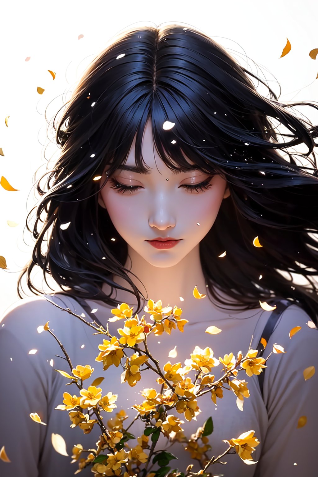 1gilr,solo,white_background,<lora:face:1>,black hair,bunching_hair,There are many scattered luminous petals,Hidden in the light yellow flowers,Depth of field,Many flying drops of water,Many scattered leaves,branch ,angle ,contour deepening,cinematic angle,portrait