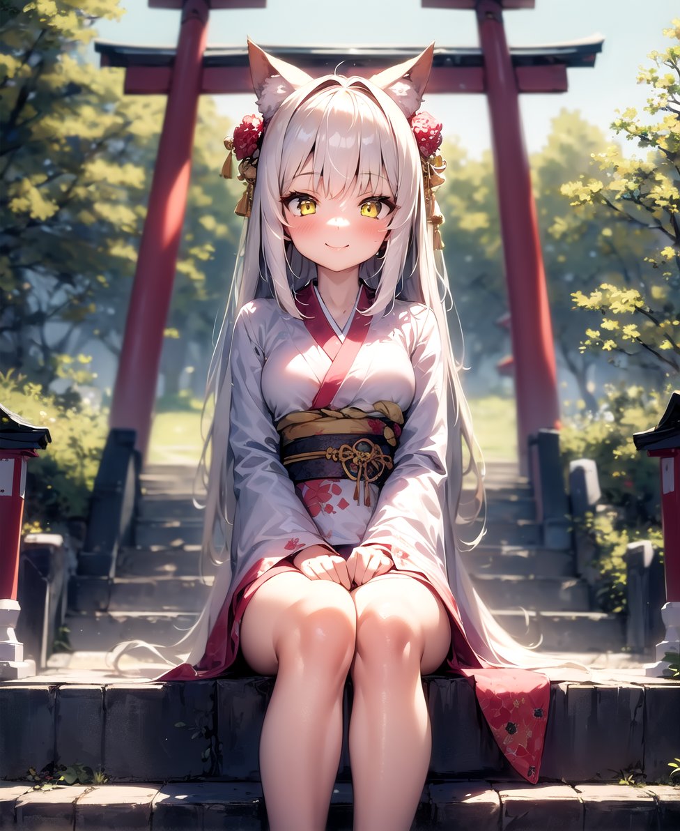 masterpiece, best quality, 1girl, yellow eyes, long hair, white hair, kimono, smile, hair ornament, animal ears, tree, ribbon, long sleeves, stairs, path, torii, sitting,  arms behind back, floral print, medium breasts, 