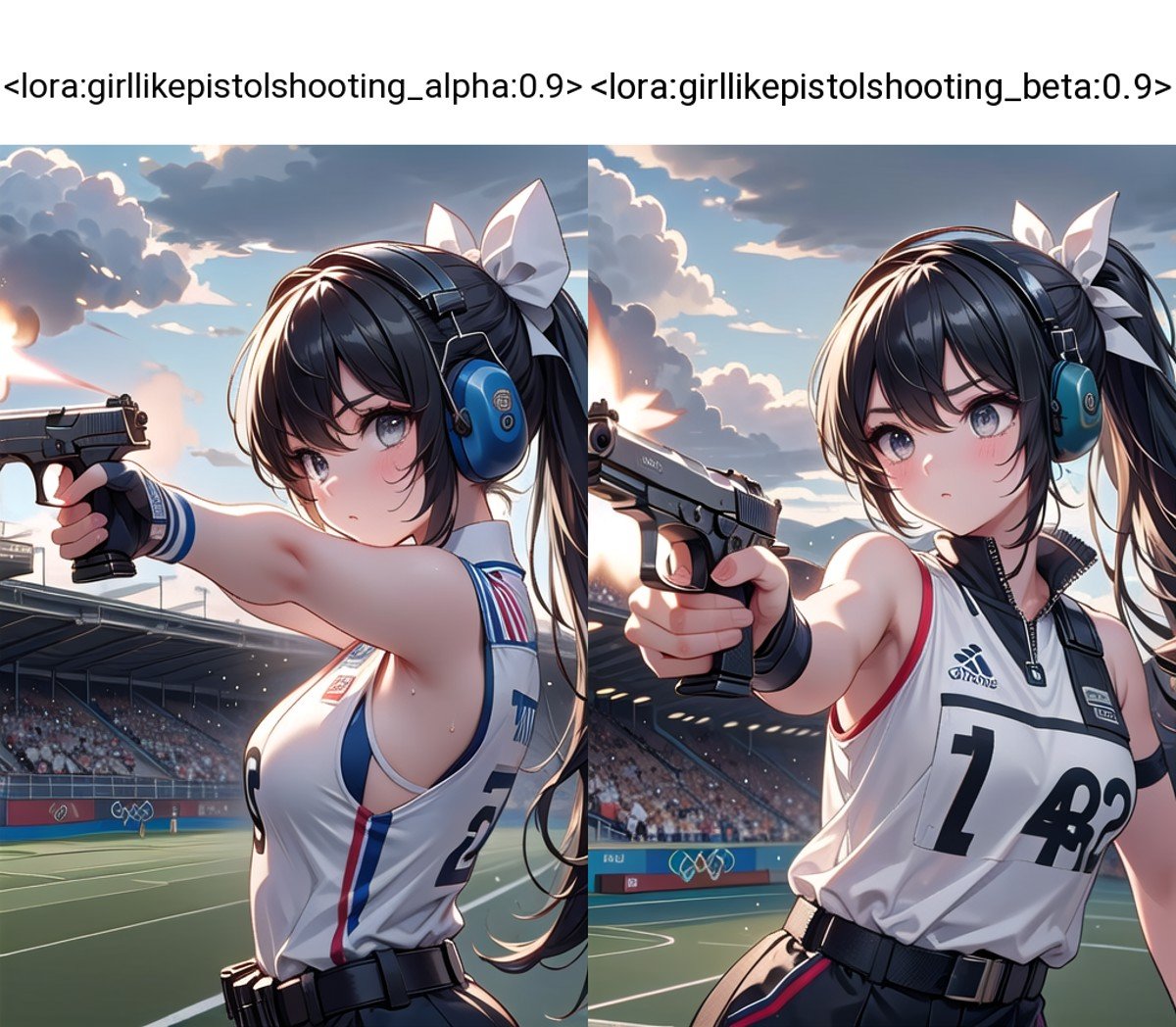 (((masterpiece))), (((best quality))), ((pistol shooting)), (holding air handgun), muzzle flash, aiming at target, firing, player uniform, sleeveless, sports shorts, ear defenders, fingerless gloves, open-air range, olympic games venue, sky, wind, steam, sweat, shadow, 1girl, dark lenses, ribbon, black hair, updo, big tits, stnading, facing viewer, aiming at viewer, <lora:girllikepistolshooting_alpha:0.9>