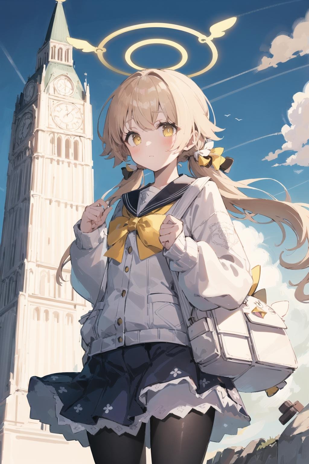 ((masterpiece,best quality)),(illustration),1girl, solo, hifumi (blue archive), pantyhose, bag, twintails, skirt, halo, black pantyhose, long hair, school uniform, sky, looking at viewer, cloud, yellow eyes, low twintails, outdoors, backpack, clock, sailor collar, pleated skirt, blue skirt, white cardigan, bangs, long sleeves, blonde hair, blush, frilled skirt, blue sky, day, cardigan, light brown hair, holding strap, clock tower, tower, white bag, ribbon, bow, cloudy sky, frills <lora:ajitaniHifumi:1>