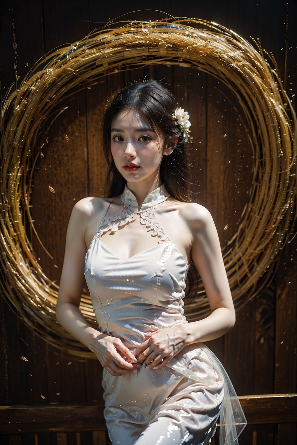 sdmai, xuancai, 1girl, solo, dress, white dress, long hair, hair ornament, hand on hip, black hair, parted lips, realistic, flower, looking to the side <lora:炫彩xuancai:0.7>(good hands, nice hands:0.5), (beautiful_face), ((intricate_detail)), ((finely_detailed)), fine_fabric_emphasis, ((glossy)), sfw, fine clothed