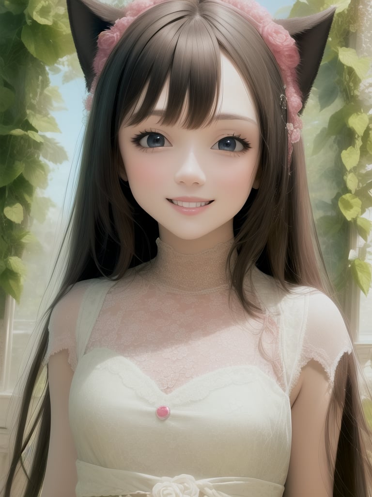 (masterpiece), (best quality), photo realistic, (extremely detailed), (1girl), solo, (pretty cute girl), looking at viewer, smile, slender, evenly sized eyes, extremely detailed eyes, upper body, outdoors, extremely detailed wallpaper, (completely detailed features), 16k, pink eyes, pink hair, cat girl, black animal ears, black tail, looking at viewer, smile, peace sign, pink kawaii room, heart item, red ribbon, pink and white dress, standing, indoors, fluffy<lora:EMS-459915-EMS:1.100000>