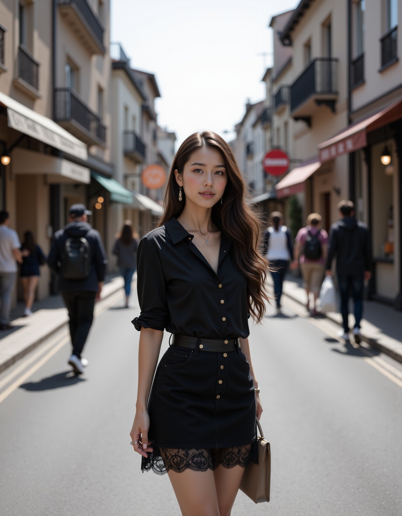 asian beauty, a woman standing in the middle of a street wearing a black shirt and a black lace skirt. She is surrounded by a group of people walking on the road, some of whom are carrying bags. On either side of the street are buildings with windows, railings, balconies, and sign boards. The sky is visible in the background.  <lora:lora-asian-beauty-flux:1>