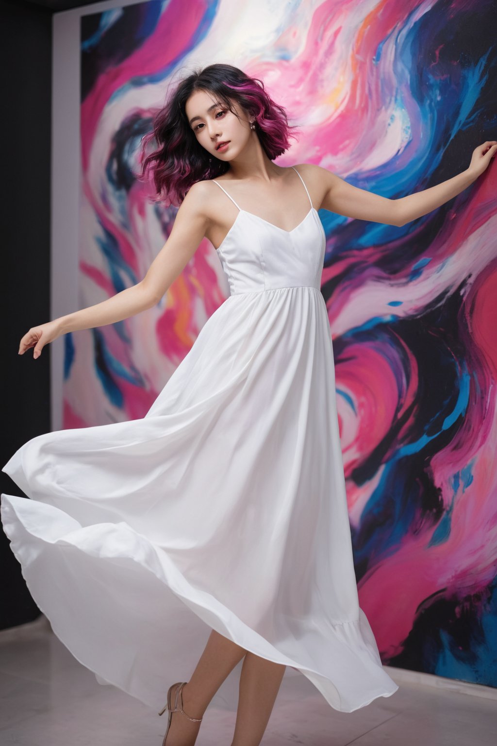 photorealistic,portrait of hubggirl, hubggirl, girl in a fluid and dynamic pose, wearing a loose, flowing white dress, mysterious expression, curly black and pink hair,hubg_jsnh, night, in a modern and abstract setting, with bold and colorful abstract art, blurred background, bright lighting, official art, uniform 8k wallpaper,(Feathers everywhere :1.3), depth of field level,