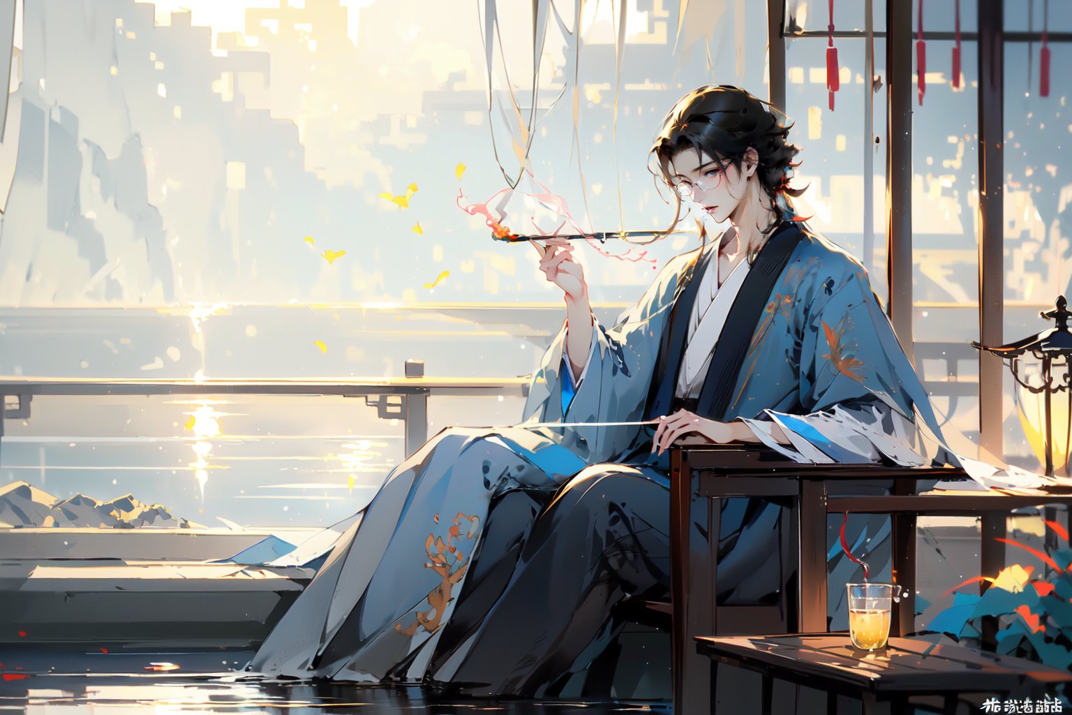 -Hanama wine, 1boy, male focus, black hair, solo, sitting, long sleeves, water, robe, smoking, short hair, ripples, cigarette, glasses, chinese clothes<lora:Hanama wine-000018:0.8>,