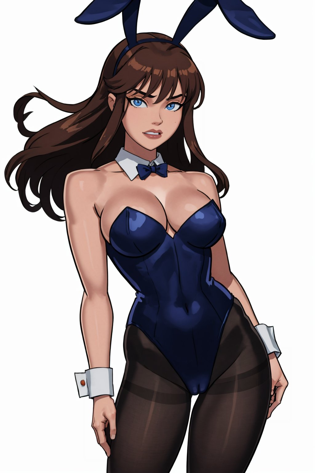 (masterpiece, best quality:1.2),   <lora:somethingunlimited:1>, somethingunlimited, 1girl, solo, breasts, animal ears, bow, rabbit ears, playboy bunny, pantyhose, black leotard, leotard, red bow, bowtie, detached collar, wrist cuffs, strapless, strapless leotard, white background, red bowtie, simple background, blue eyes, cleavage, brown hair, fake animal ears, looking at viewer, cowboy shot, parted lips, brown pantyhose, large breasts, bangs, black pantyhose, bare shoulders