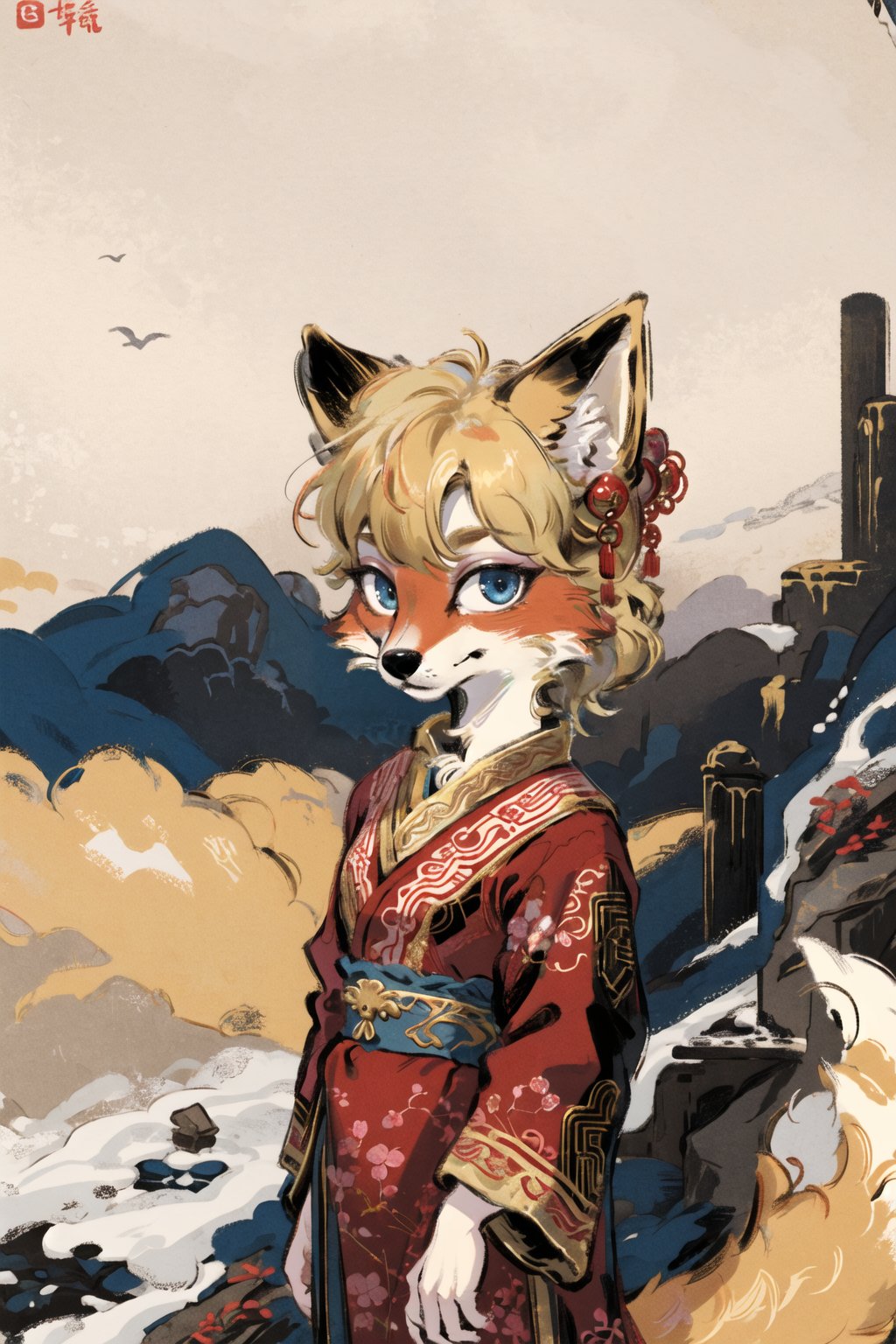 masterpiece,highres,furry fox girl,kid,solo,blonde,chinese dress, hair ornament, anicent chinalooking at viewer, 