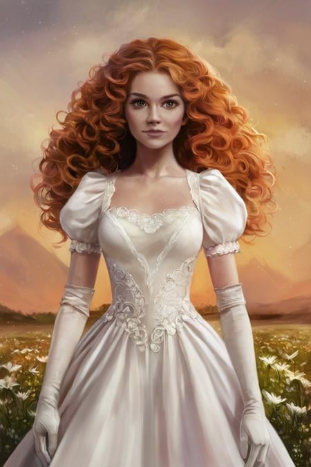 score_9, score_8_up, score_7_up, rating_safe, concept art, digital art, realistic, 1girl, solo, long hair, curly hair, wavy hair, orange hair, brown eyes, looking at viewer, breasts, dress, white dress, puffy sleeves, puffy short sleeves, short sleeves, gloves, elbow gloves, white gloves, cowboy shot, closed mouth, standing, outdoors, field, flower, grass, plant, sky <lora:Concept Art Brush Style LoRA_Pony XL v6:1>