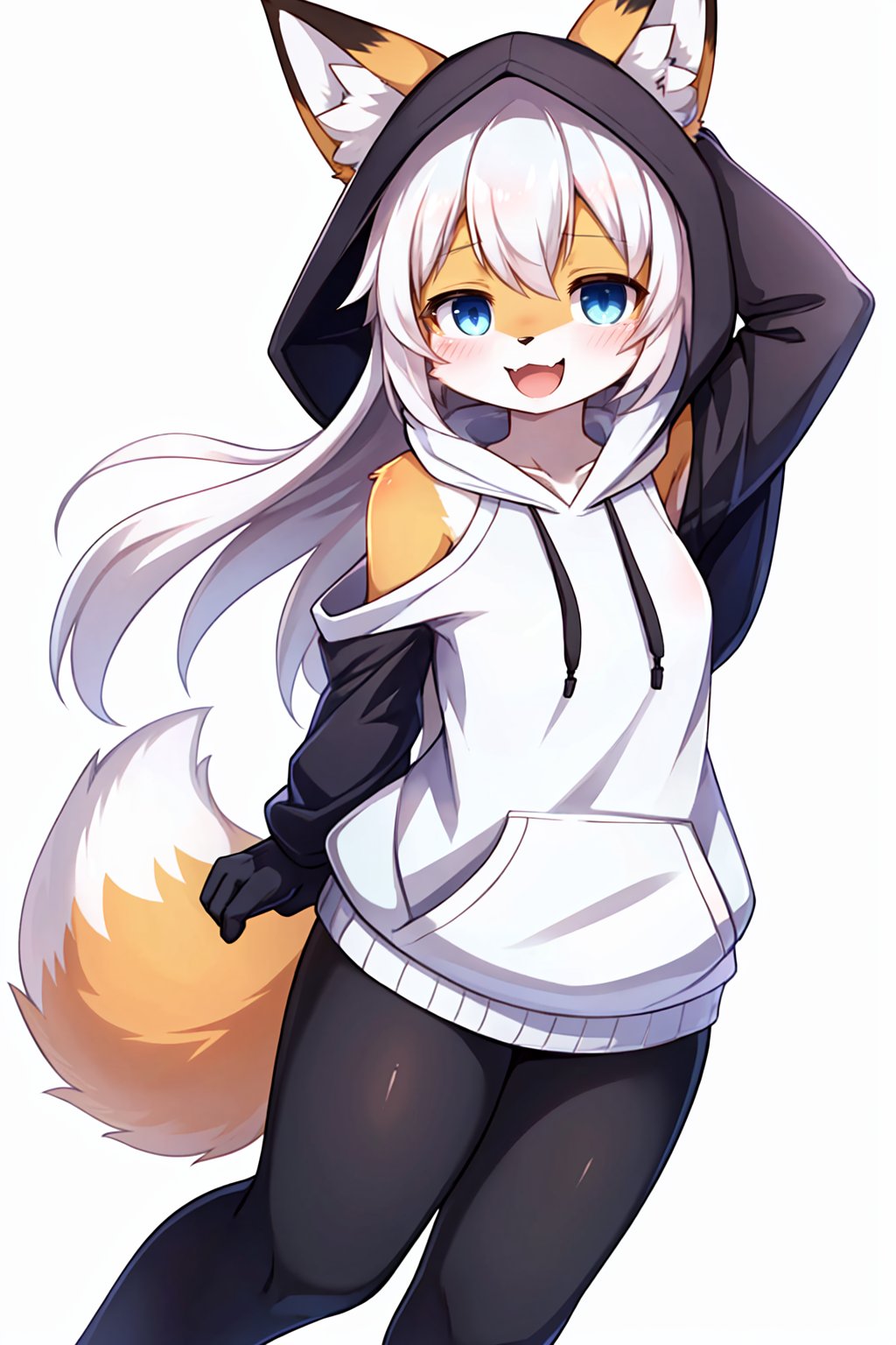 best quality, kemono, anime, female, furry, anthro, full body, solo, :d, ^_^, ahoge, animal_ear_fluff, animal_ears, bangs, bare_shoulders, blush, closed_eyes, detached_sleeves, fox_ears, fox_girl, fox_tail, gloves, hair_between_eyes, hood, hoodie, long_hair, open_mouth, simple_background, smile, solo, swaying, tail, upper_body, virtual_youtuber, white_background, white_hair, white_hoodie, white_sleeves