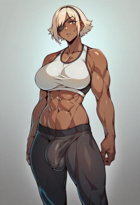 score_9, score_8_up, score_7_up, score_6_up, score_5_up, score_4_up, muscular futanari woman, dark skin female, short hair, hair band, light hair, eyepatch, sports bra, leggings, bulge, large breasts, standing looking at viewer  <lora:SulcateLycoXL:0.9>