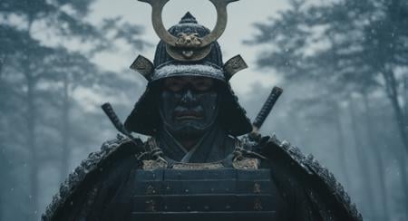 cinematic film still of  <lora:shogun style:0.6>Shogun a man in a samurai costume with a helmet on,looking at viewer,upper body,male focus,multiple boys,solo focus,armor,blurry,mask,depth of field,3boys,helmet,shoulder armor,snowing,realistic,japanese armor,samurai,kabuto (helmet) , Japanese culture, Samurai, armor, warrior, horror theme, Shogun style, shallow depth of field, vignette, highly detailed, high budget, bokeh, cinemascope, moody, epic, gorgeous, film grain, grainy