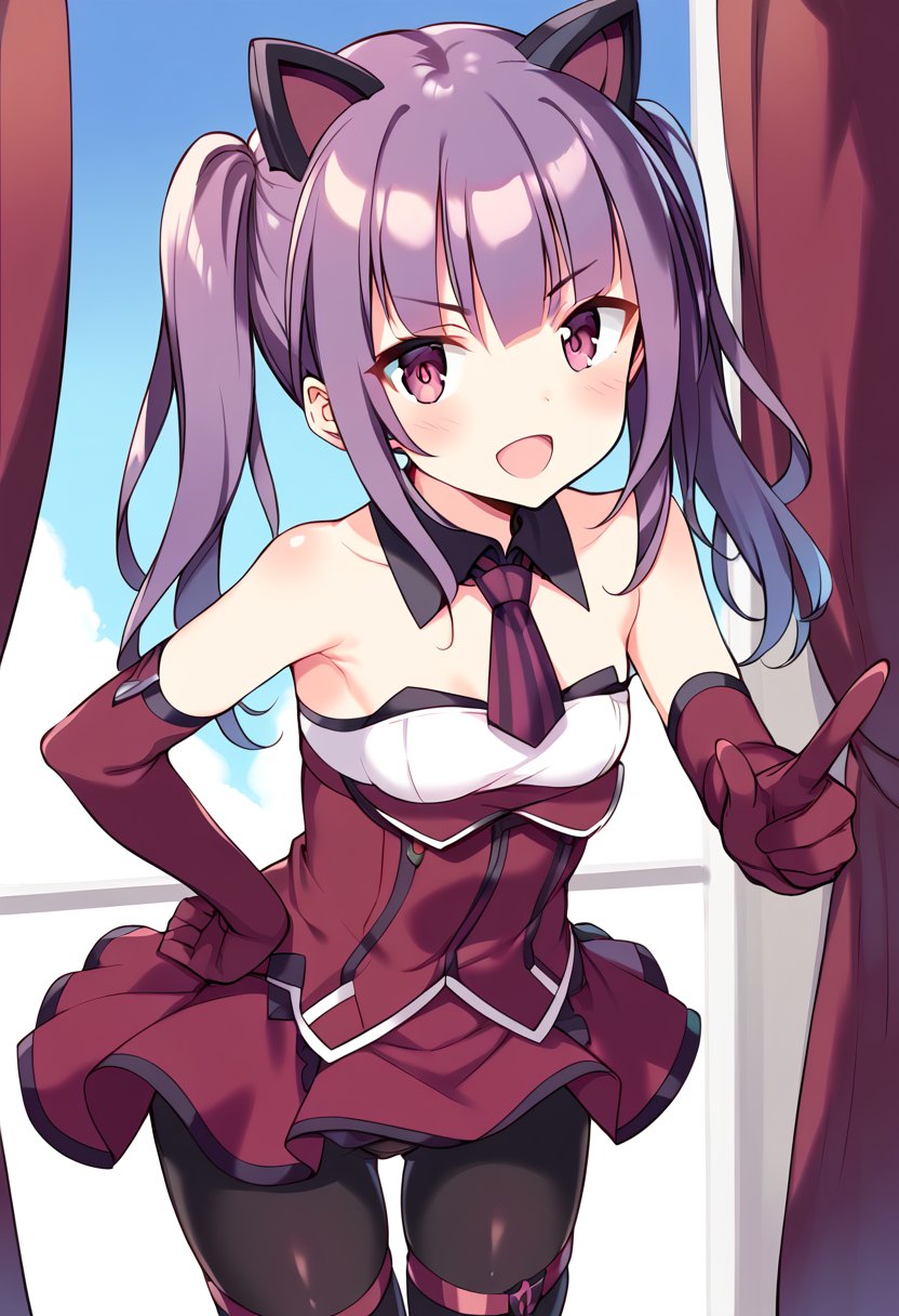 score_9, score_8_up, score_7_up, source_anime BREAKichijou ayaka, velvet kitten, 1girl, solo, twintails, purple hair, purple eyes, open mouth, hand on hip, bare shoulders, looking at viewer, elbow gloves, black legwear, long hair, pointing, pointing at viewer, eyebrows visible through hair, blush, v-shaped eyebrows, headgear, index finger raised, small breasts, red gloves, cowboy shot, purple gloves, detached collar, sidelocks, :o, miniskirt, pleated skirt, fake animal ears, standing, detached sleeves, red skirt, thighhighs, outstretched arm, short dress, tsurime, purple skirt, pink eyes, white shirt, armpits, foreshortening, thighhighs over pantyhose, flat chest, thigh strap, blunt bangs, strapless dress, ascot, sleeveless dress, red dress, wing collar, shiny, black gloves, sleeveless shirt, striped neckwear, shiny hair, red neckwear, eyes visible through hair, black neckwear, eyebrows, leaning forward, short necktie, hair ornament, pink gloves, purple legwear, collar, striped bow, :d, black pantyhose, hand on own hip, red necktie, purple necktie, hair between eyes, indoors, window, curtains, blue sky<lora:ichijou_ayaka_sdxl_pony_locon_v1:0.8>
