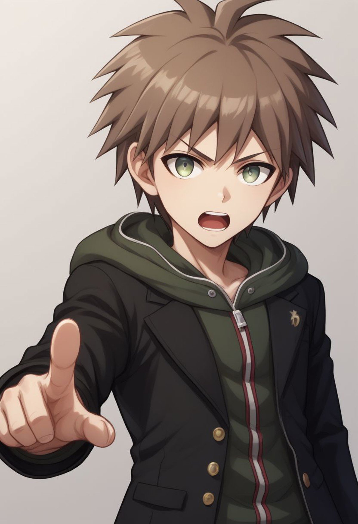 score_9, score_8_up, source_anime, highly detailed, 1boy, solo, skinny,makoto, 1boy, solo, male focus, brown hair, hood, open mouth, pointing, jacket, hoodie,pointing at viewer, bangs, black jacket, short hair, looking at viewer,,indoor,