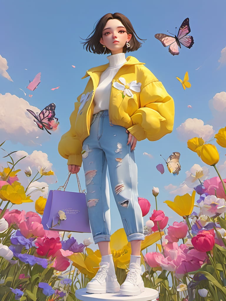 gwnh01,1girl,flower,solo,pants,sky,blue sky,tulip,outdoors,denim,day,torn pants,jacket,bag,jeans,pink flower,purple flower,cloud,short hair,torn clothes,yellow flower,blue pants,torn jeans,sweater,bug,standing,white sweater,full body,shoes,butterfly,long sleeves,brown hair,holding,black hair,looking at viewer,earrings,hand in pocket,black eyes,jewelry,white jacket,<lora:gwnh-XL:0.8>,