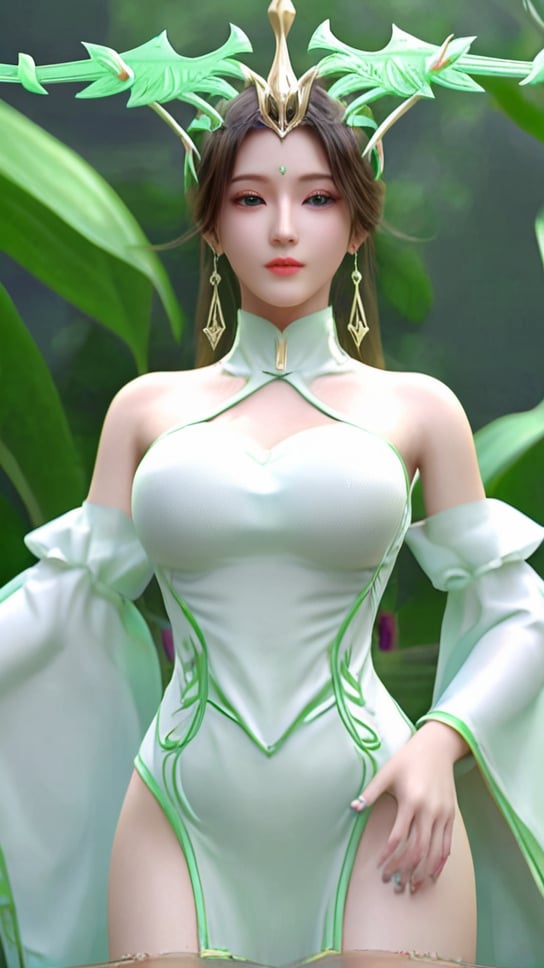 (1girl),smooth chin,masterpiece,detailed face,((hair ornament focus)),top quality,4k,make up,best quality,medium breasts,(looking at viewer),<lora:柳神XL_v1.0:0.8>,full body,legs,white and green dress,hair pin,riding sex,