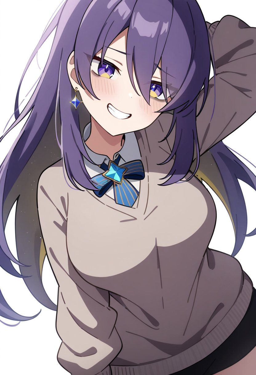 1girl, moona hoshinova, hololive, anime coloring,long hair, purple hair, purple eyes, bags under eyes, gradient eyes, grin, sweater, large breasts, single earring,white background,masterpiece, best quality, very aesthetic, absurdres,