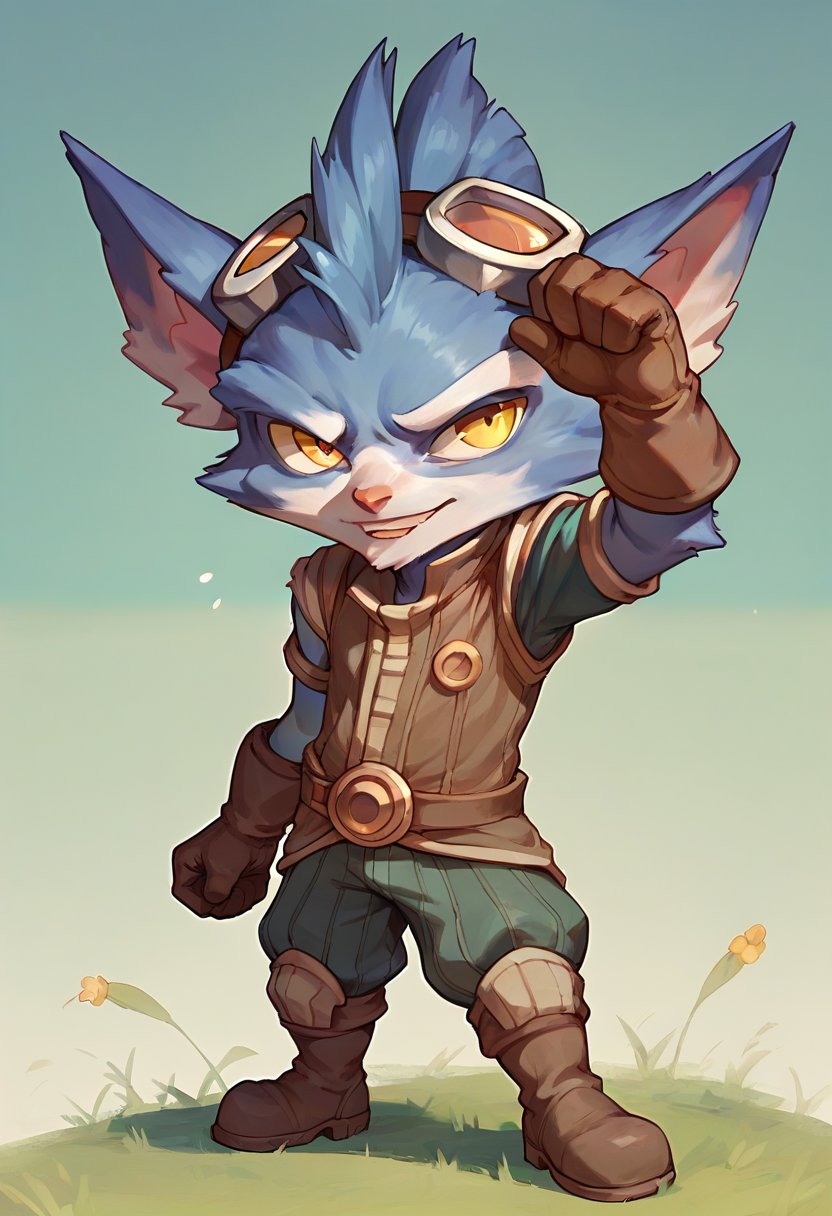 ,score_9, score_8_up, score_7_up, score_6_up, rumb13, 1boy, yordle, male focus,yellow eyes,glove,goggles, goggles on head, solo,boots, <lora:Rumble_Default_v1-by progress:0.75>, <lora:Expressive_H:1>