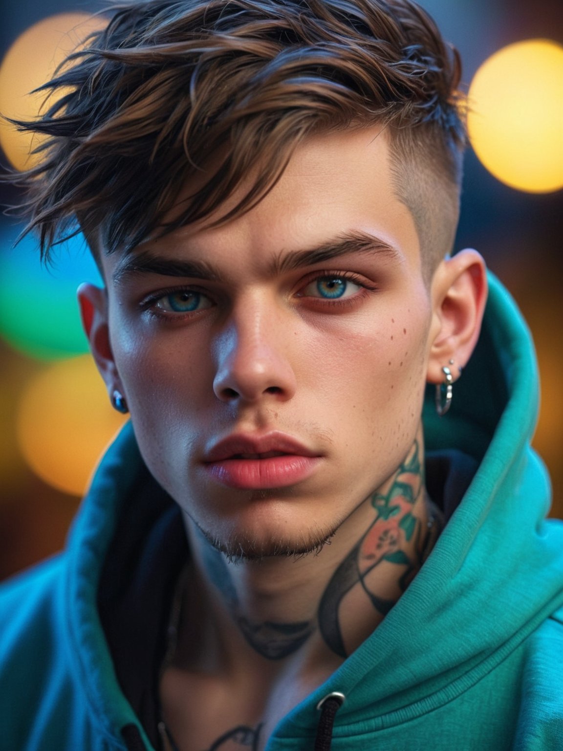 realistic portrait of a hot sexy young adult boy, 22yo, sexy, erotic, big thick pouty kissable lips, cocking sucking lips, wearing hoodie, tattoos, ear piercings, jewellery, masculine, grunge, emo, punk, RAW photo, detailed photo, gorgeous, shallow depth of field, bokeh, vibrant saturated color, volumetric lighting, iridescent skin, (surreal:0.4), hyper detailed photorealistic life-like accurate proportional 8k sharp focus, (accurate cinematic lighting), photorealistic detail, (selective focus:0.6)