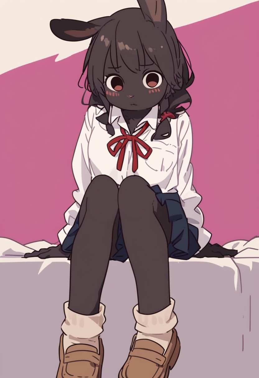 score_9, score_8_up, score_7_up, score_6_up, score_5_up, score_4_up, 1girl, rating safe, rabbit girl, black fur, :<, looking at viewer, school uniform, skirt, shirt, sitting, bedroom, blush, socks, brown footwear, two-tone background, by yagi the goat