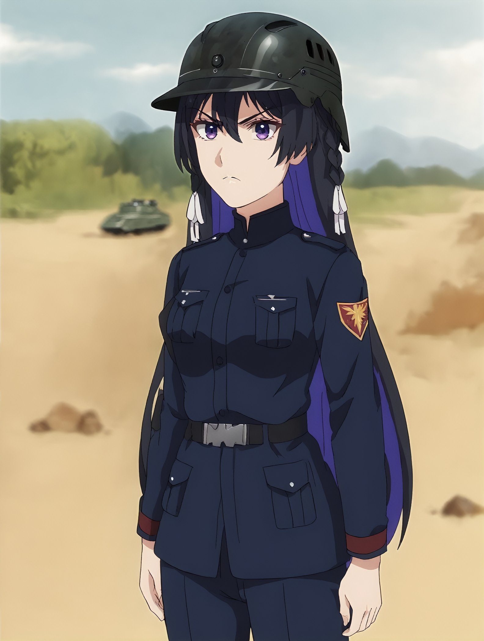 <lora:tinasha.pony.v3:0.85> score_9, score_8_up, score_7_up, tinashapurple eyes, 1girl,solo,standing,stern look, serious,blue uniform,military uniform, combat uniform, (helmet),outdoors,  battlefield,