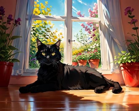 best quality,masterpiece,highly detailed,ultra-detailed,black cat  laying on ground ,animal focusindoors, large windows,garden, flowers,open window,scenery,red brick floor, <lora:neg9V2_last:0.5> <lora:brushstroke_last:0.8>