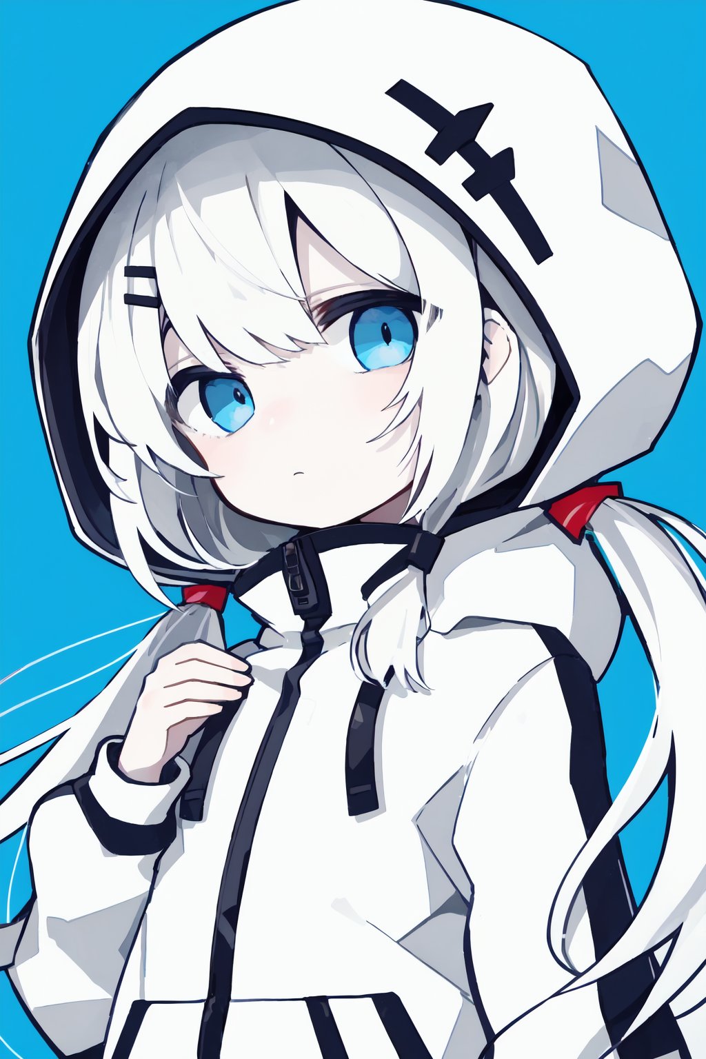 1girl, solo, blue eyes, hood, white hair, hood up, looking at viewer, upper body, twintails, jacket, white jacket, long sleeves, bangs, hair ornament, expressionless, low twintails, hooded jacket, long hair, closed mouth, hand up, blue background, abstract background, chibi, so-style