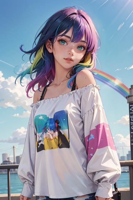 masterpiece, best quality,1girl,  <lora:OversizedClothes_FefaAIart:1>,rainbow hair, multicolored, long hair, freckles, green eyes, blue sky, at park,oversized shirt,shirt, off shoulders,