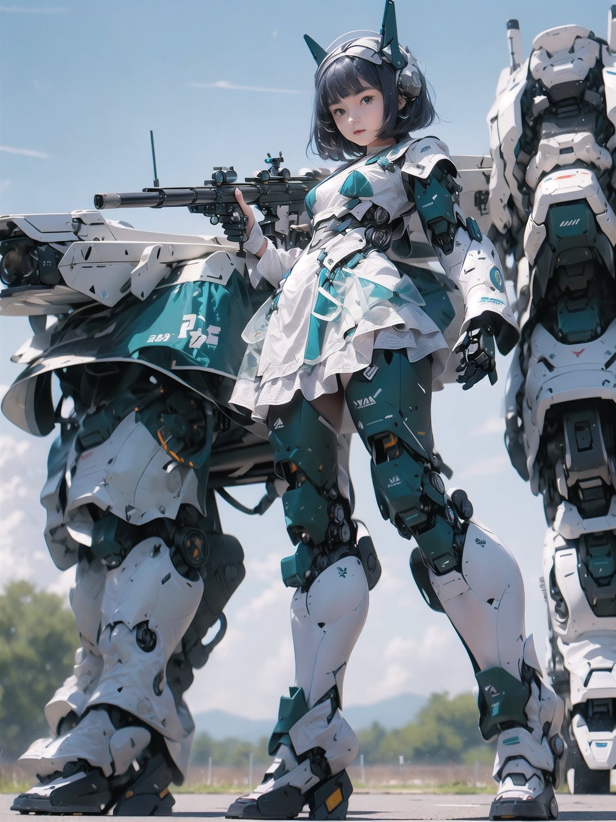 ((10-14yo)), (masterpiece),  science fiction,  scenery,  1girl,  short hair,  bangs,  aqua hair color,  light blue eyes, mecha headgear,  sci-fi bodysuits, ((Mecha girl:1.2)), ((Mecha equipment)), (Holding a 1000mm caliber sniper rifle), ((((Girl bends her knees and stands on top of mecha equipment robot)))), ((Girl and robot running)), ((The girl prepares to take aim)), (non-humanoid robot), non-humanoid robot, high_school_girl, RRS, MRS, robot, roblit, <lora:EMS-37851-EMS:0.500000>, , <lora:EMS-47767-EMS:0.100000>, , <lora:EMS-8523-EMS:0.900000>