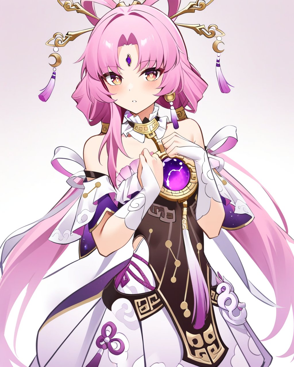 masterpiece,best quality,<lora:star_rail_all:1>,1girl, solo, long hair, pink hair, hair ornament, choker, absurdres, bridal gauntlets, czk, forehead jewel, fu xuan \(honkai: star rail\), highres, honkai: star rail, honkai \(series\), looking at viewer, low twintails, off-shoulder dress, parted bangs, parted lips, pink tassel, yellow eyes