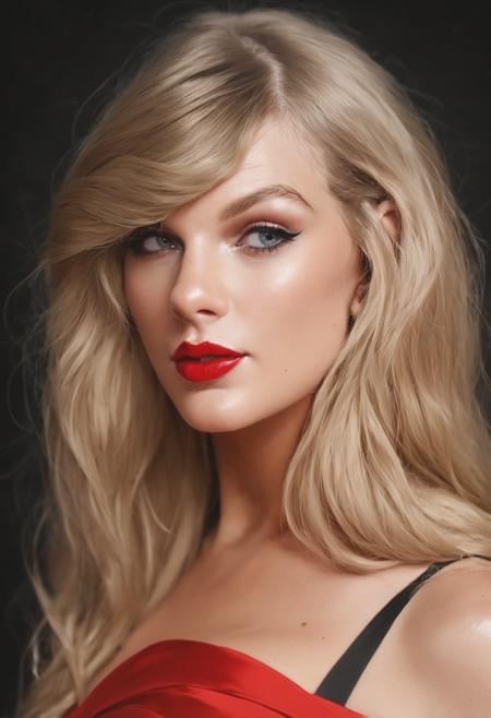 score_9, score_8_up, score_7_up,  rating_safe,tayswift, <lora:taySwiftPony:1.0>,long blonde hair, upper body, red dress, red lips