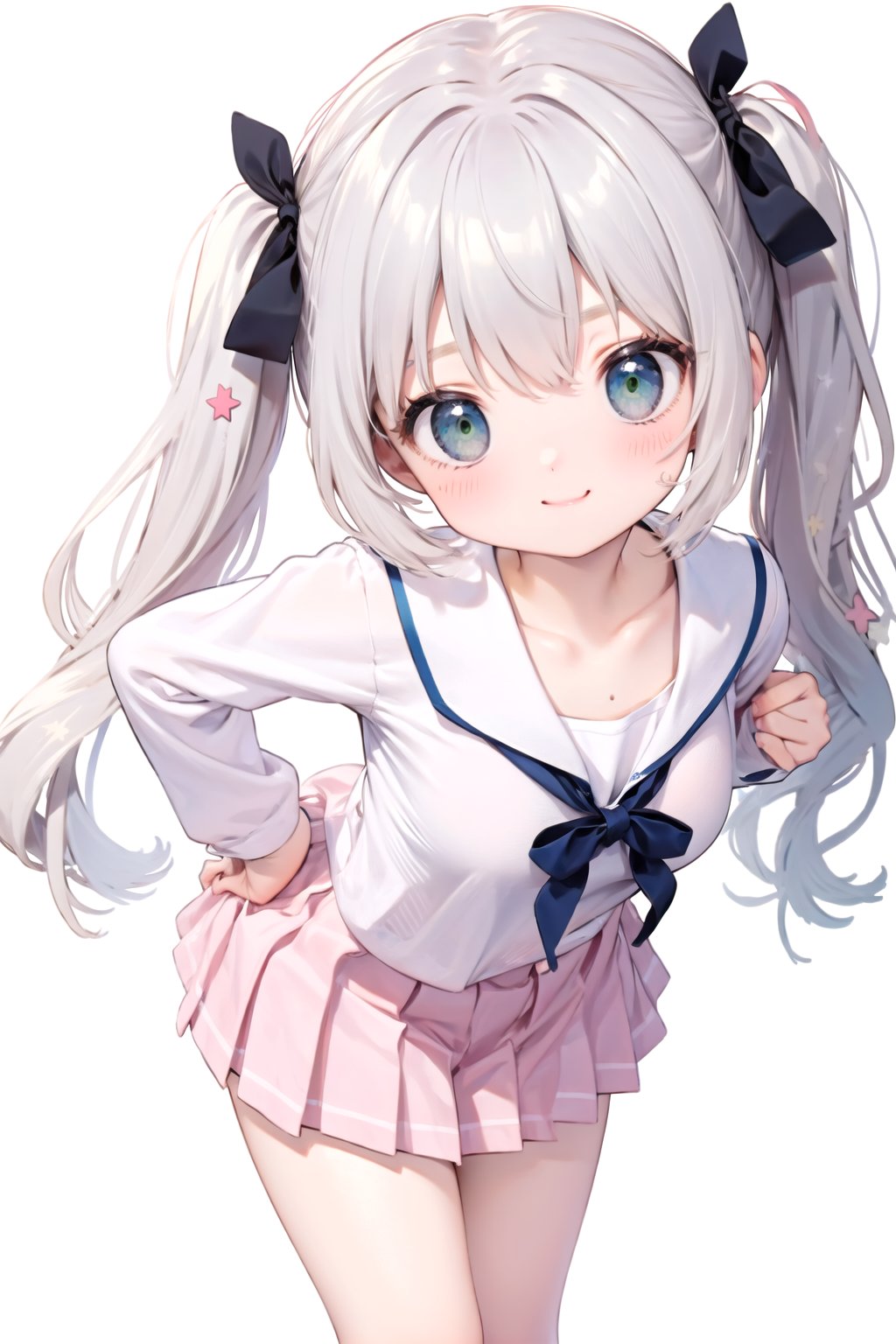 white background, simple background, cowboy shot, star (symbol), from side, from above, 1girl, solo, loli, green eyes, blush, closed mouth, smile, pout, white hair, long hair, twintails, hair ribbon, ribbon, hands on hips, looking at viewer, leaning forward, bent over, collarbone, breast, small breasts, sagging breasts, breast peep, school uniform, ryouou school uniform, shirt, white shirt, long sleeves, sailor collar, skirt, pleated skirt, pink skirt