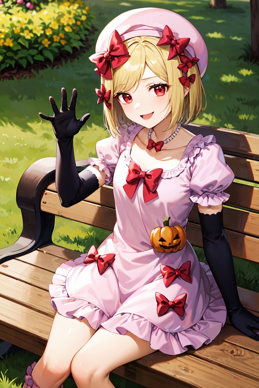 masterpiece, best quality, highres, aalamb, short hair, hair bow, red bow, beret, pink headwear, red eyes, necklace, frills, pink dress, jack-o'-lantern, puffy sleeves, elbow gloves, black gloves, <lora:lambdadelta_v1:0.7>, waving, smile, bench, outdoors, sitting